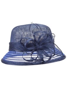 SEEBERGER Cloche modrý slavnostní klobouk s ozdobou - ze sisálové slámy