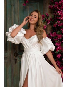 Carmen Ecru Satin Long Outdoor Celebration Dress with Balloon Sleeves and a Slit