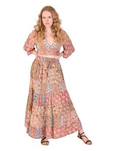 Dlouhé dvoudílné šaty s krátkým rukávem, růžovo-béžové, guma v pase, potisk XL , Béžová , Indie , 100% polyester, 2 díly