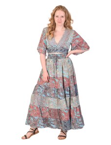 Dlouhé dvoudílné šaty s krátkým rukávem, modro-růžové, guma v pase, potisk XL , Modrá , Indie , 100% polyester, 2 díly
