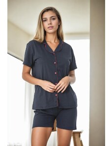 U3506 Dewberry Womens Piped Short Sleeve Shorts Pyjama Set-NAVY