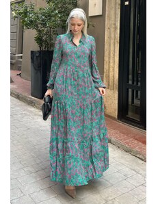 Madmext Green Polo Neck Floral Dress With Elastic Ankles and Half Buttons