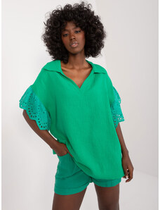 ITALY MODA Zelené tričko s ozdobnými rukávy a výstřihem --green Zelená