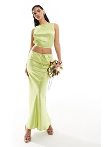 Kaiia satin drawstring maxi skirt co-ord in lime-Green