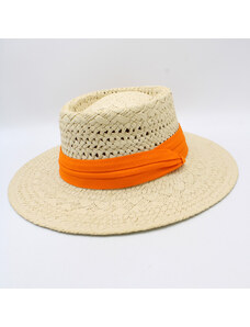 KRUMLOVANKA Béžový letní klobouk porkpie se širokou krempou a oranžovou stuhou P-12890