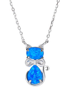 Stříbrný náhrdelník KOČKA modrý OPÁL