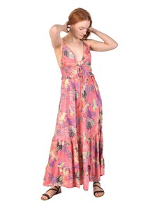 Dlouhé šaty na ramínka s volánem, růžové s barevným potiskem, výstřih do V M , Růžová , Nepál , 100% polyester