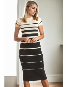 Z5075 Dewberry Womens Striped Knitwear Dress-BLACK-WHITE