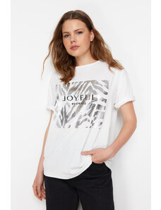 Trendyol White 100% Cotton Foil and Slogan Printed Knitted T-Shirt