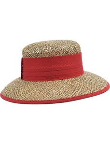 Dámský béžový letní slaměný (mořská tráva) klobouk s vínovou stuhou - Seeberger since 1890