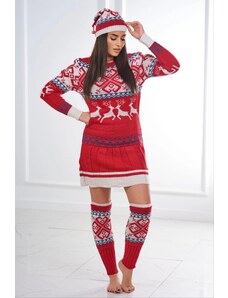 MladaModa Vánoční set svetr + čepice + nadkolenky model 1002 červený