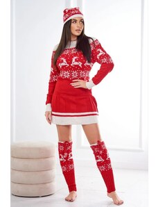 MladaModa Vánoční set svetr + čepice + nadkolenky model 1001 červený