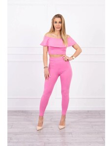 MladaModa Komplet kalhoty+top s volány jasný růžový