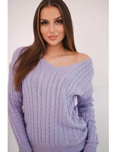 MladaModa Úpletový svetr s copánkovým vzorem a véčkovým výstřihem barva lila