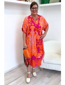BS Oranžové letní šaty s fuchsiovým a růžovým vzorem /