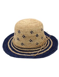 Fiebig Dámský modrý letní nemačkavý slaměný klobouk Cloche - Crochet Cloche