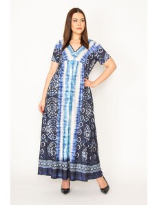 Şans Women's Plus Size Blue V-Neck Tie Dye Pattern Long Dress