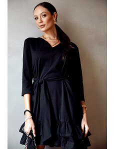 Fasardi Jednoduché černé šaty s volánky a páskem