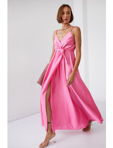 Fasardi Dámské saténové maxi šaty s růžovými ramínky