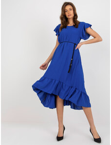 Fashionhunters Kobaltově modré midi šaty s volánem a krátkými rukávy