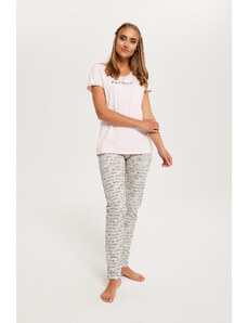 Italian Fashion Dámské pyžamo Karla, krátký rukáv, dlouhé nohavice - lososově růžová/potisk