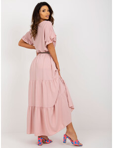 Fashionhunters Světle růžová maxi sukně s volánkem a páskem