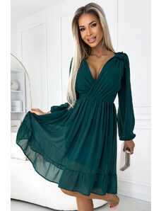 numoco MILA - Zelené dámské šifonové midi šaty s dlouhými rukávy a výstřihem 538-2