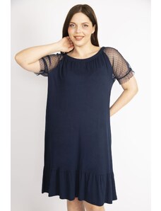 Şans Women's Navy Blue Plus Size Sleeves Tulle Neck Elastic Detail Layered Hem Dress