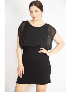 Şans Women's Black Plus Size Top Chiffon Detailed Dress