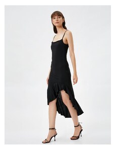 Koton Asymmetrical Frill Dress Midi with Thin Straps, Slim Fit