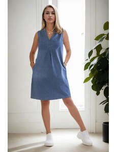 E1342 Dewberry Womens Washed Cotton Blue Denim Dress-BLUE