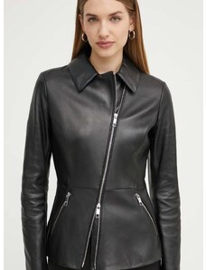 Kožená bunda BOSS dámská, černá barva, přechodná, 50518240