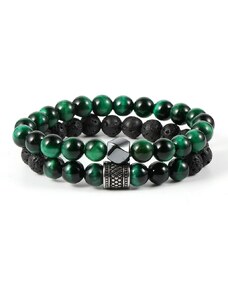 Daniel Dawson Dvojitý náramek Tiziano - 8 mm zelené tygří oko, lávový kámen