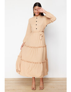 Trendyol Beige Button Detailed Belted Knitted Wrap Dress