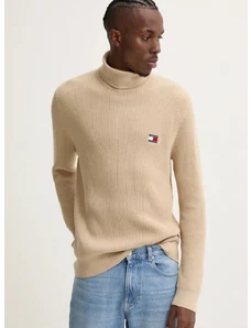 Svetr z vlněné směsi Tommy Jeans pánský, hnědá barva, lehký, s golfem, DM0DM19434