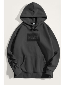 Mikina s Kapucí, Barva Železitě Šedá, s Potiskem Humble in Grey