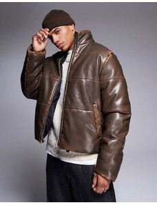 Pull&Bear Voluminous leather effect jacket in chocolate-Brown