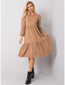 RUE PARIS Hnědé midi šaty s dlouhým rukávem --camel Hnědá