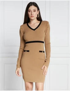 ASOS DESIGN ribbed long sleeve bardot mini dress in brown