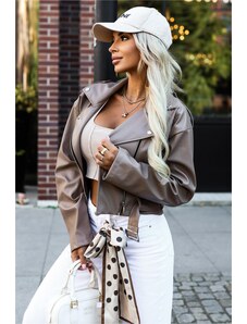 numoco basic 626-3 Stylish biker jacket made of soft eco-leather, with a belt and asymmetrical zipper - cappuccino