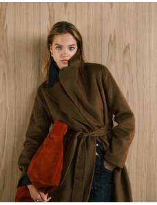 Mango wool mix longline tie waist coat in brown-Neutral