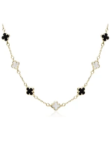 Pozlacený stříbrný náhrdelník Čtyřlístek s onyxem a perletí – symbol elegance a síly