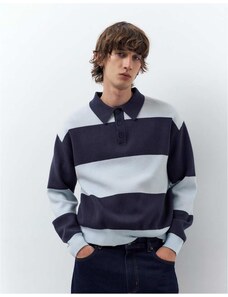 Pull&Bear Long sleeve panelled polo shirt in sky blue