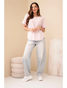 Kesi Dámský svetr s krátkým rukávem volného střihu pudrově růžový