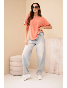 Kesi Dámský svetr s krátkým rukávem volného střihu pudrově růžový