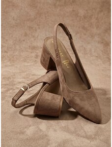 Sinsay - Lodičky na podpatku s koženou stélkou z imitace semiše - tmavě hnědá