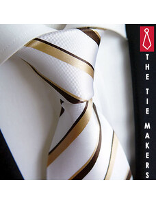 Bílá hedvábná kravata Beytnur 18-5 zlatohnědý proužek