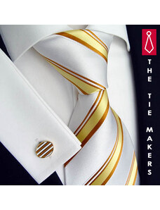 Beytnur Luxusní hedvábná kravata bílá se žlutým pruhem 168-1