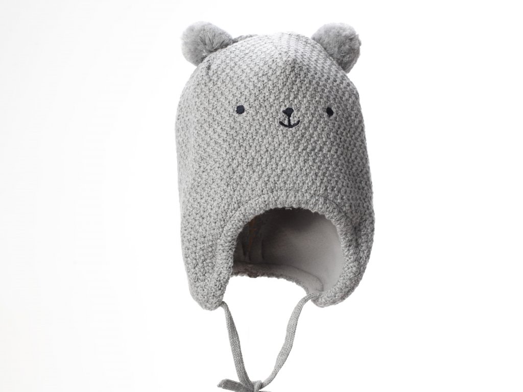 Maximo Kojenecká pletená čepice s bambulí Méďa šedá