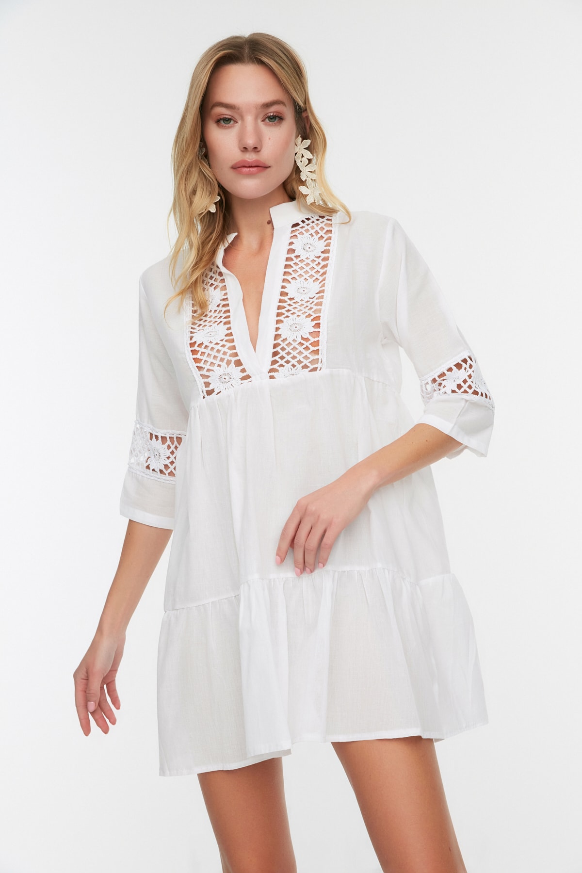 Trendyol Beige Mini Woven Lace Detailed 100% Cotton Beach Dress